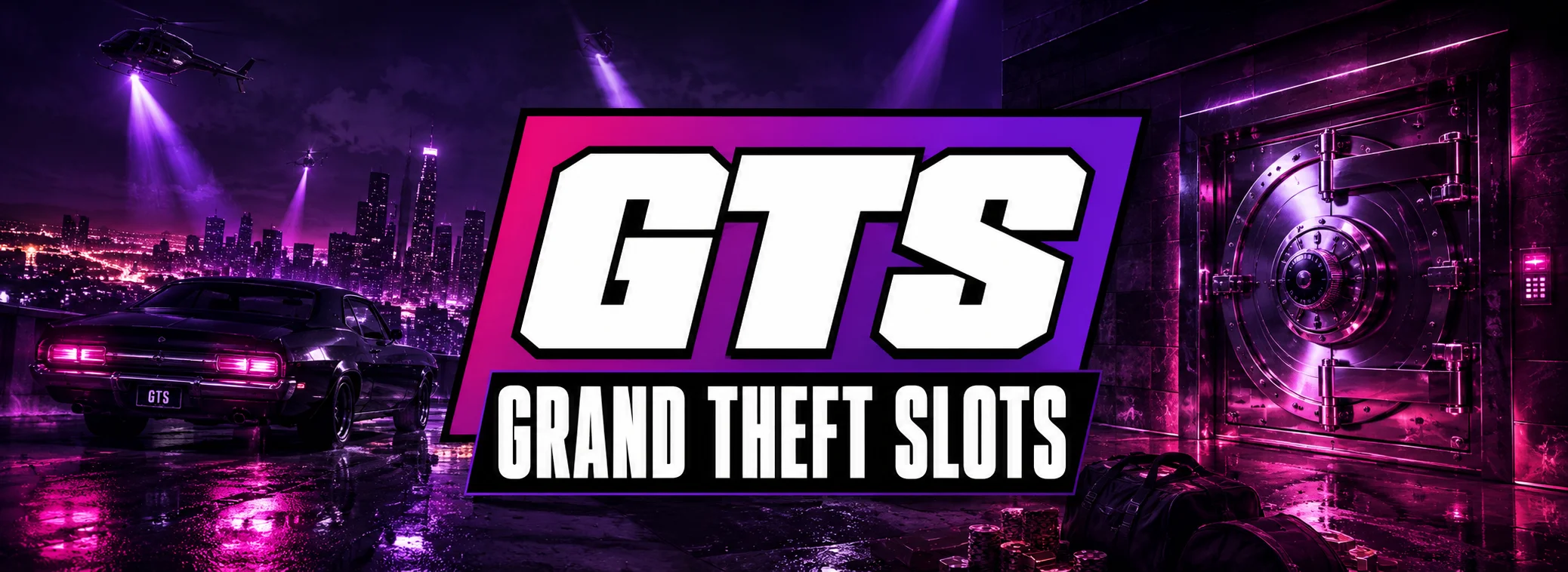 Grand Theft Slots casino banner with a neon vault door and the 1,500 euro plus 250 free spins welcome offer